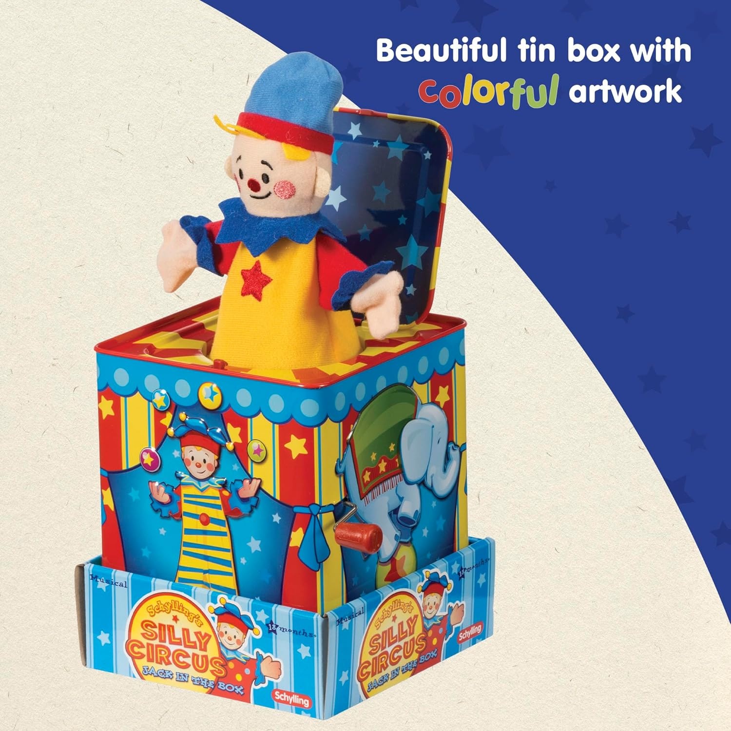 Schylling Silly Circus Jack In The Box - Classic Children's Musical Toy - Colorful Embossed Tin Box And Friendly Plush - Age 18 Months And Up - Image 4