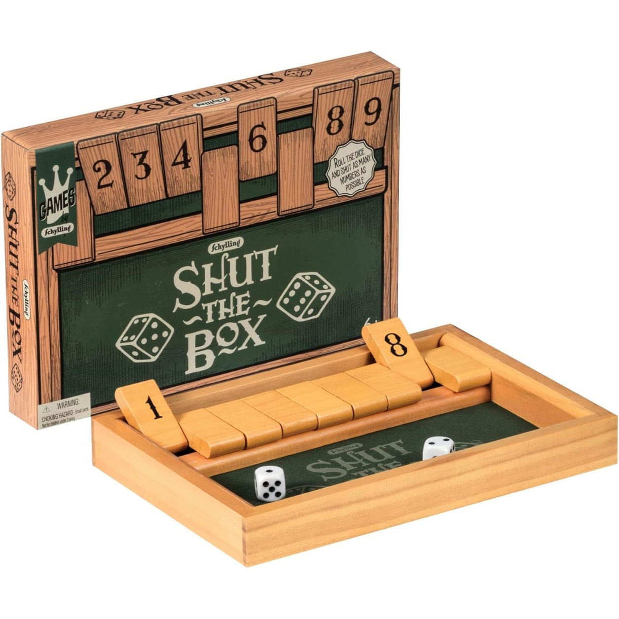 Schylling Shut The Box - Family Game Of Strategy And Chance - Includes Collectible Wooden Game Box, Felt Bottom, Rounded Dice, And Detailed Instructions - Ages 6 And Up