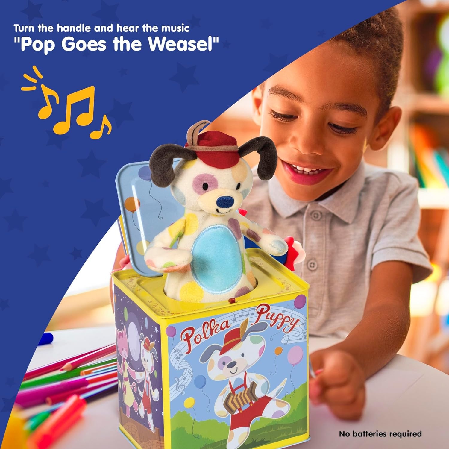 Schylling Polka Puppy Jack In The Box - Classic Children's Musical Toy That Dances - Colorful Embossed Tin Box And Lovable Puppy Plush - Age 18 Months And Up - Image 2