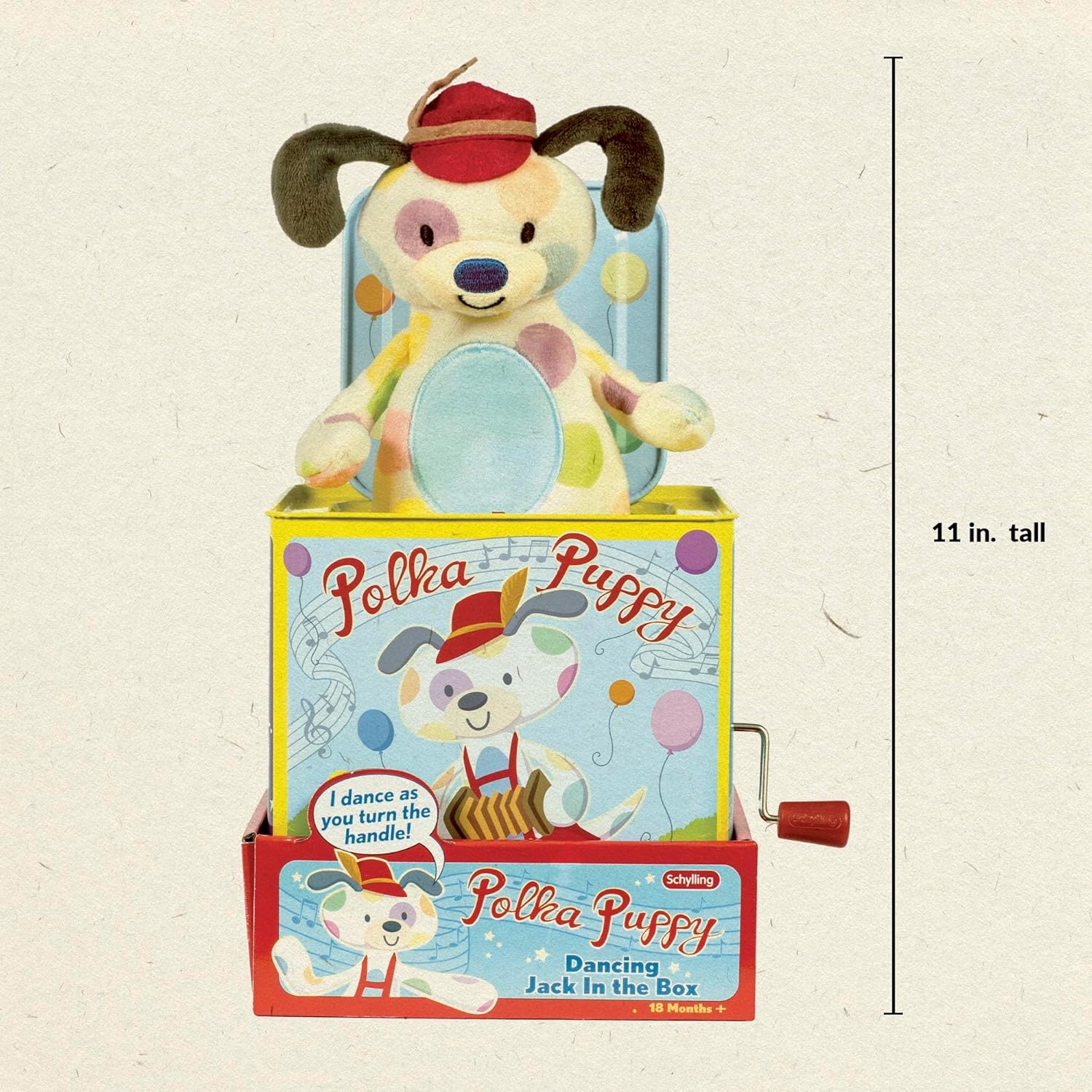 Schylling Polka Puppy Jack In The Box - Classic Children's Musical Toy That Dances - Colorful Embossed Tin Box And Lovable Puppy Plush - Age 18 Months And Up - Image 3