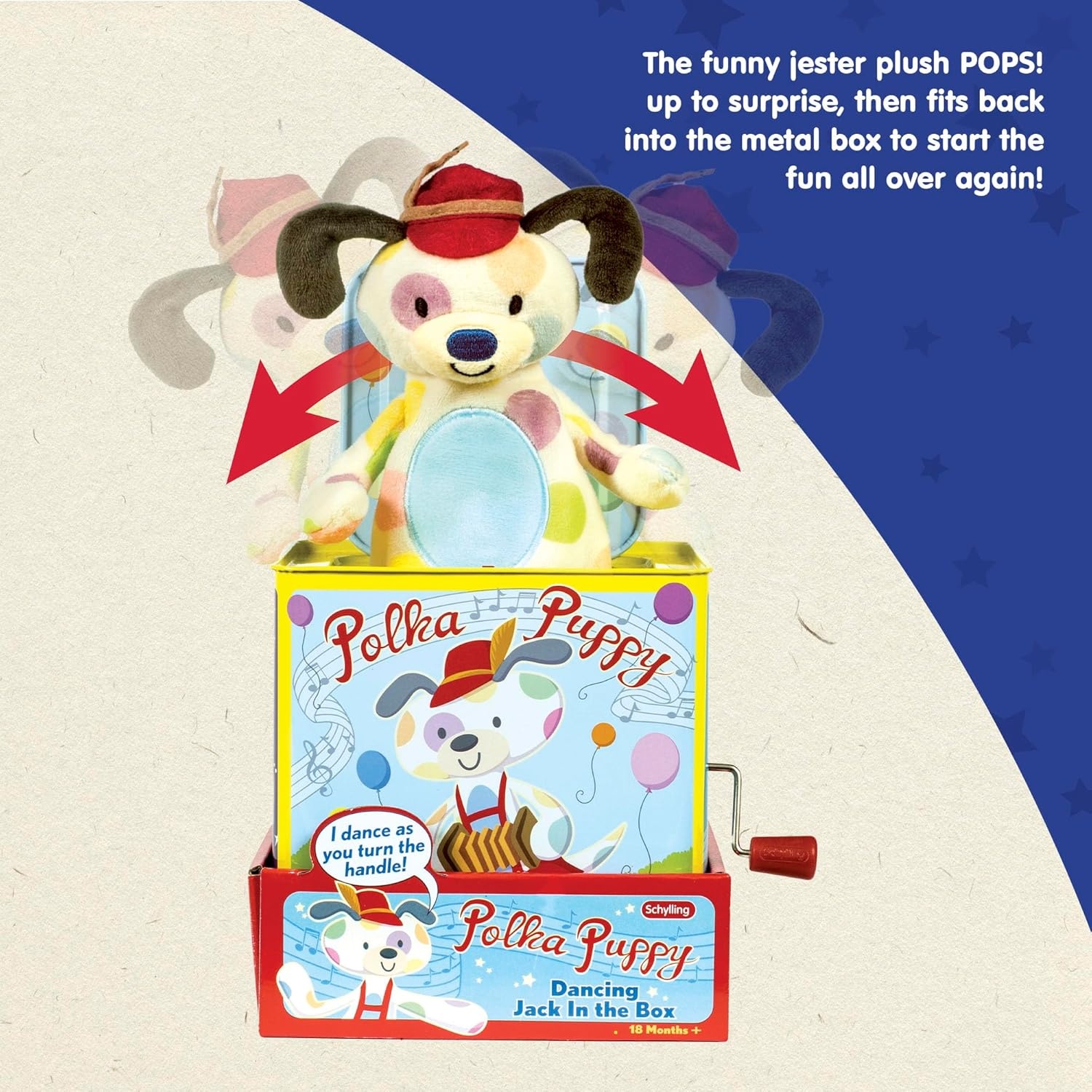Schylling Polka Puppy Jack In The Box - Classic Children's Musical Toy That Dances - Colorful Embossed Tin Box And Lovable Puppy Plush - Age 18 Months And Up - Image 4
