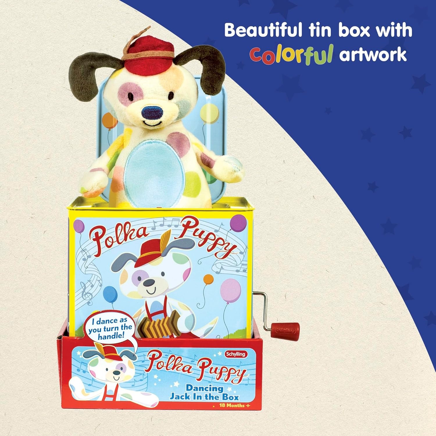 Schylling Polka Puppy Jack In The Box - Classic Children's Musical Toy That Dances - Colorful Embossed Tin Box And Lovable Puppy Plush - Age 18 Months And Up - Image 5