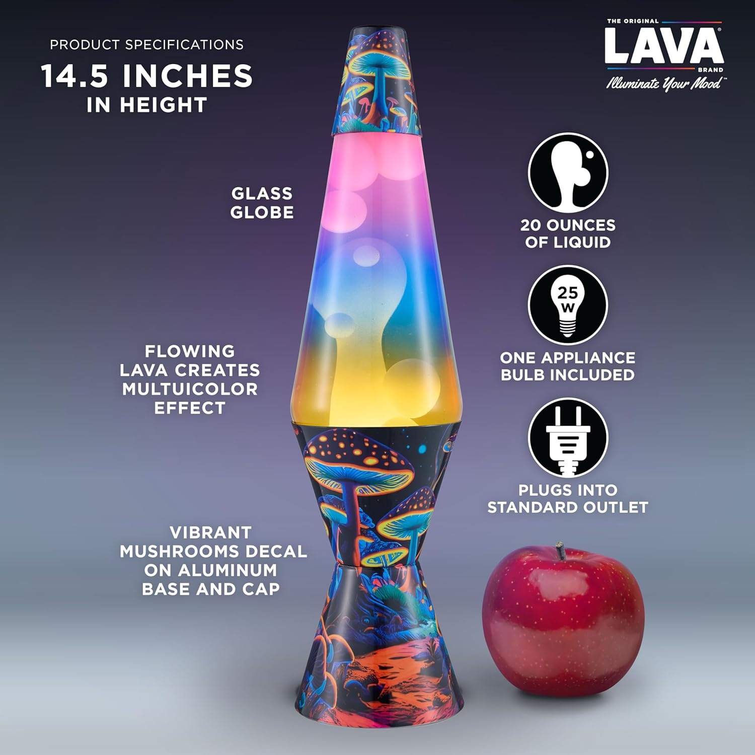 Lava The Original Lamp - 14.5" Trippy Shrooms – Classic Liquid Motion Lamp - Tri-Colored Globe And Black Base - Item #2361 - Image 3