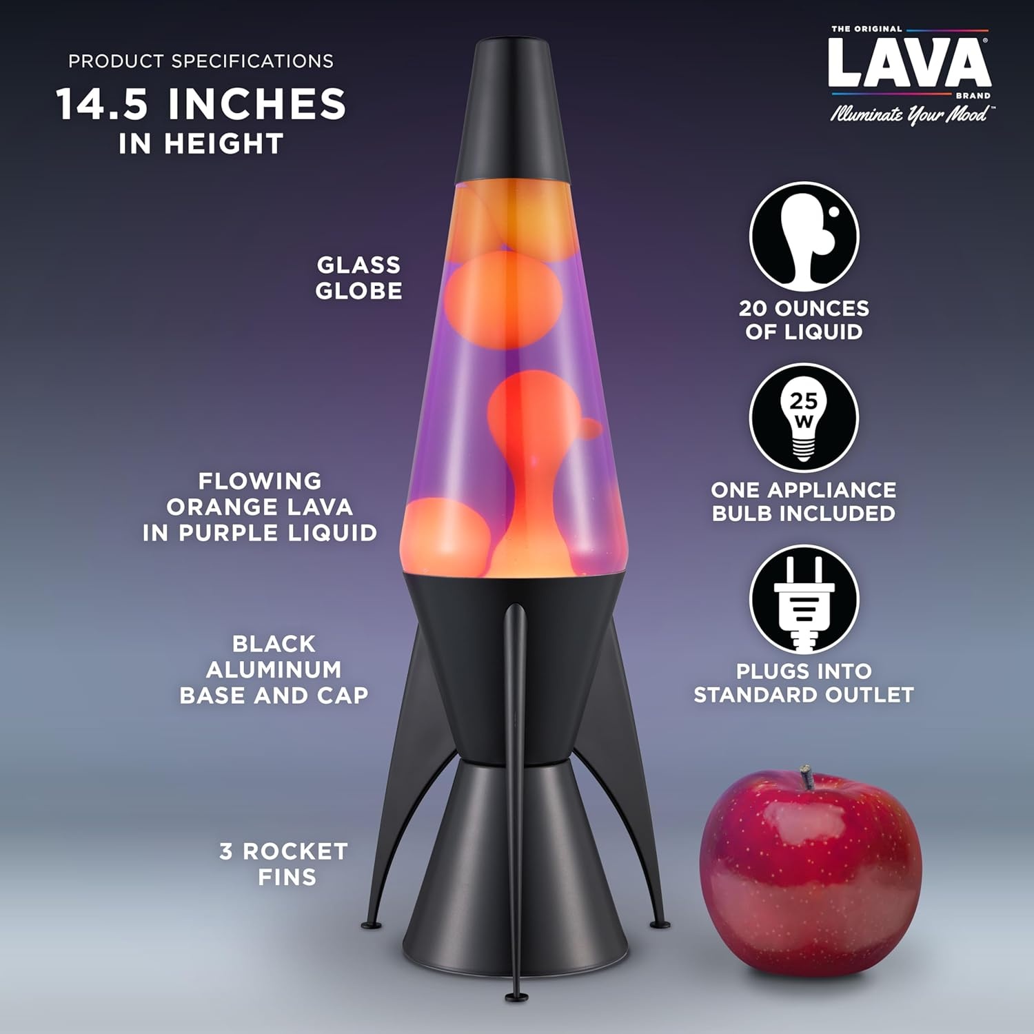 Lava The Original Lamp - 14.5" Evenfall – Retro Rocket Liquid Motion Lamp - Yellow Wax And Purple Liquid - Item #2391 - Image 3